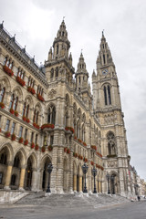 Fototapeta na wymiar Rathaus. Tall gothic building of Vienna city hall