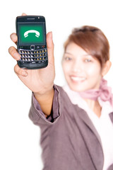 businesswoman shows his mobile phone forward   ..