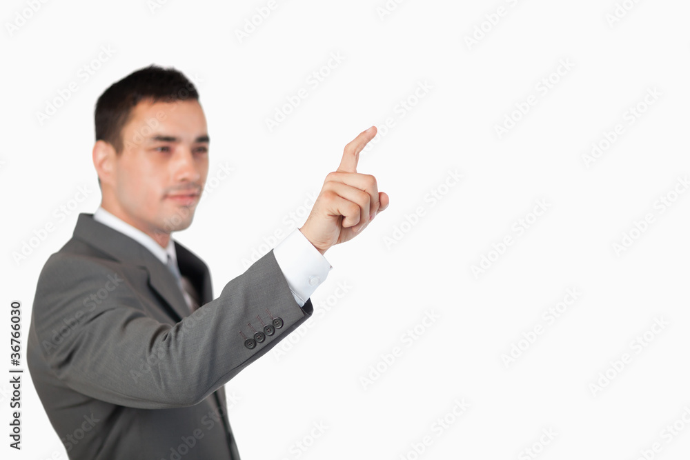Poster businessman using invisible touchscreen