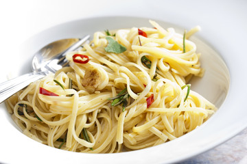 spaghetti with turkey meat on sage with chilli