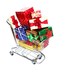 Christmas shopping cart with gifts.