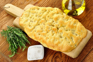 Focaccia with rosemary, coarse salt and olive oil