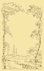 Vector frame  from leaning trees in a landscape with a stream