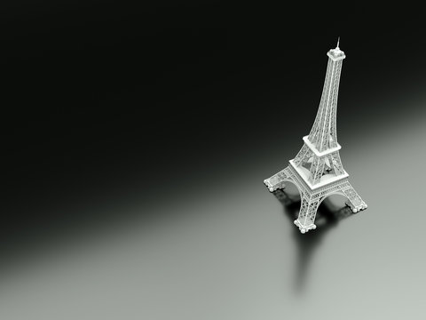 3d illustration of the eiffel tower on a black reflective ground