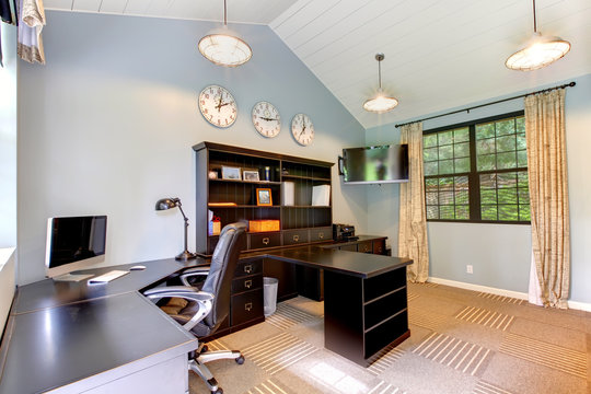 Blue modern home office interior design.