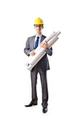 Young architect with drawings isolated on white