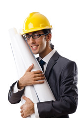 Young architect with drawings isolated on white