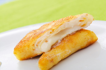 Custard filled pancake in plate