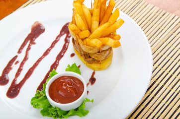 French fries served with ketchup