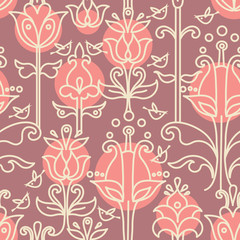 Floral seamless pattern with birds