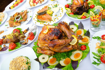 Table served with tasty meals