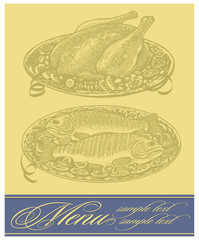 Vector restaurant menu design with roasted chicken and fish