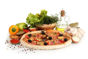 delicious pizza, vegetables, spices and oil isolated on white