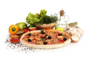 Foto op Canvas delicious pizza, vegetables, spices and oil isolated on white © Africa Studio
