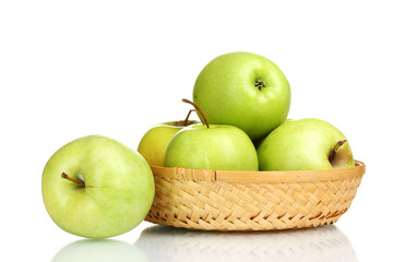 juicy green apples in the basket isolated on white