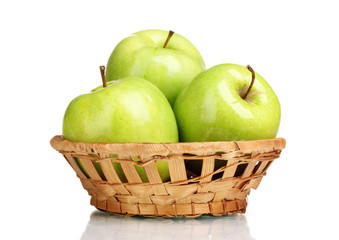juicy green apples in basket isolated on white