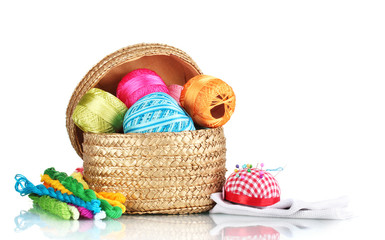 bright threads for needlework and fabric in a wicker basket