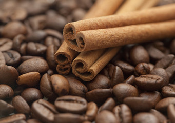 Cinnamon sticks with coffee beans