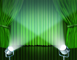 Spotlights on green velvet cinema curtains