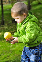 Маленький  мальчик с яблоком на зеленой поляне