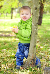 Маленький  мальчик с яблоком на зеленой поляне