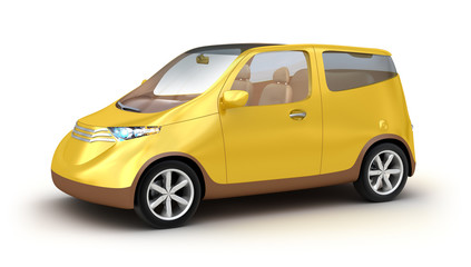 Fototapeta na wymiar Small yellow car on white background. My own design