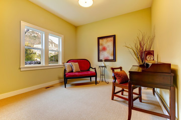 Home office staged with golden and beige.
