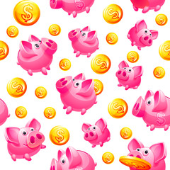 Piggy Bank and coins in white Seamless background