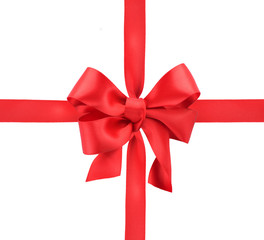 Red satin gift bow. Ribbon. Isolated on white