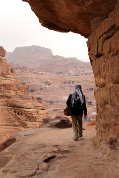 Trekking in the canyon gorge formation. Ancient city of Petra, U
