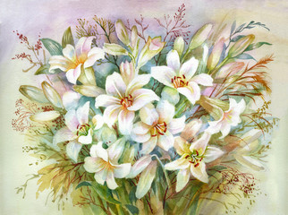 Fototapeta na wymiar Watercolor Flower Collection: Lilies Bouquet