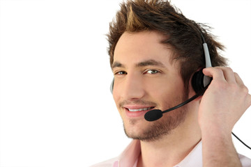 Man wearing telephone head-set