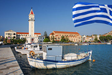 Boats in harbor with Greek flag, Zakynthos Island