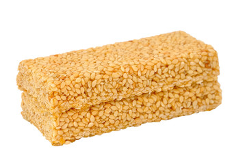 Close up of muesli bar snack on white background