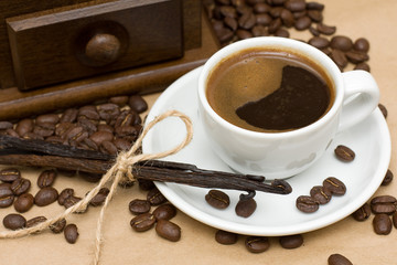 Coffee cup on brown background