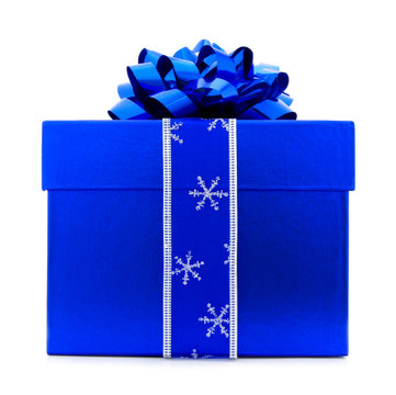 Blue Christmas Gift Box With Blue Bow And Ribbon