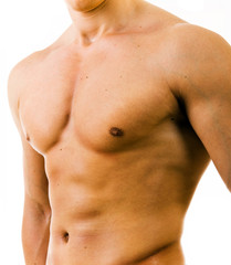 close up image of muscular perfect male torso on white backgroun