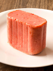 close up of a slab of spam on a plate