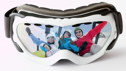 Skiing - reflection of happy family on ski vacation - obrazy, fototapety, plakaty