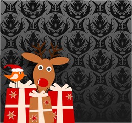 Weihnachtsmotiv - Geschenke mit Vogel und Rentier