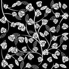 Fond noir et blanc avec des roses stylisées