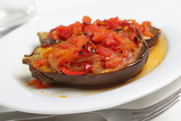 Turkish dish Imam bayildi on white plate