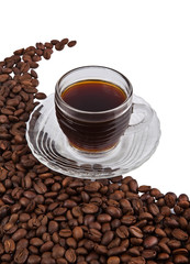 Coffee cup and grain on white background