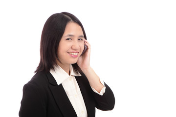 Cute Office Lady smiles with mobile phone