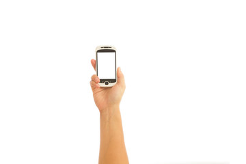 Hand holding smart phone on white