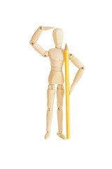Wooden figure holding yellow pencil and looking