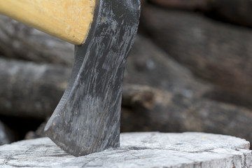 ax on chopping block wood in background 2