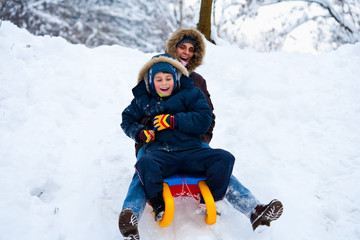Fototapeta na wymiar Mother and son on a sledge