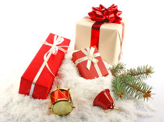 Christmas gift boxes on snow