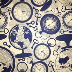 Seamless retro background with globes, keys and watches